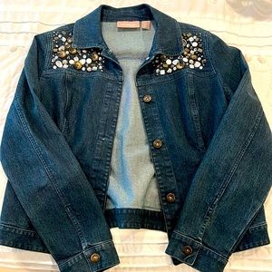 Chicos jean blazer with button and rhinestone detail